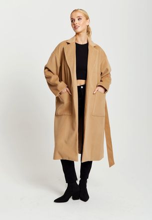 Liquorish Belted Longline Coat in Camel