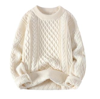 Generic Men Crew Neck Solid Knit Sweater Vintage Long Sleeve Loose Warm Casual Pullover Jumper Beige White XL