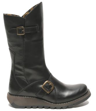 FLY London Womens Black MES 2 Wedge Heel Buckle Mid-Calf Leather Zip Platform Boots - Size UK 6