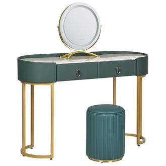 Beliani Beliani - Tocador Led Verde Oscuro Dorado 118 X 39 Cm Mdf 2 Cajones Espejo Taburete Vinax