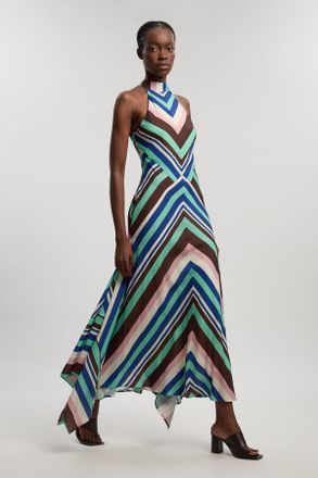 Karen Millen Womens Petite Multi Fluid Stripe Cotton Mix Woven Halter Dress - Multicolour Viscose - Size 14 UK