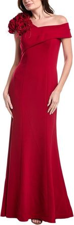 Teri Jon by Rickie Freeman Crepe Asymmetrical Flower & Feather Shoulder Gown