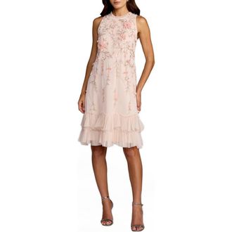 Mac Duggal Embellished Ruffle Tiered High Neck Floral Dress in Peach at Nordstrom, Size 16