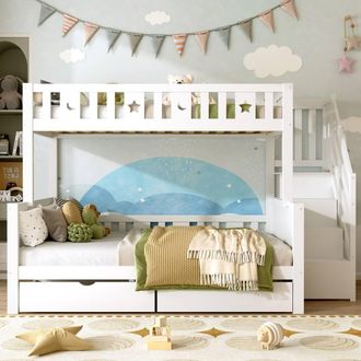 Merax White Single Over Double Wooden Bunk Bed with 2 Drawers & Side Storage