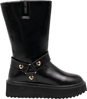 Love Moschino Leren enkellaarsjes met plateauzool - Dames - Hoge Laarzen - Zwart - 39 EU - Leer - Schoenen