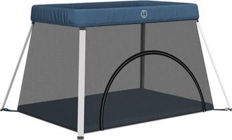 vidaXL Parque Infantil Para Beb&eacute;s Con Colch&oacute;n Tela Lino Azul Marino Vidaxl