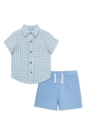 Little Me Gingham Cotton Button-Up Shirt & Drawstring Shorts Set in Blue at Nordstrom, Size 18M
