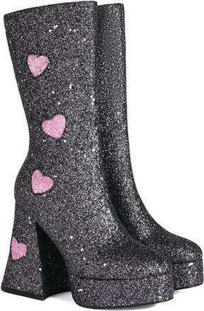 Generic Womens Glitter Sparkly Short Booties Chunky Block Heel Platform Round Toe Fashion Dress Combat Shoes with Zipper and Heart (Black,5.5)
