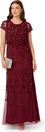 Adrianna Papell Womens Blouson Beaded Long Dress - Red - Size 8 UK
