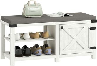 HOMCOM Homcom Banco Zapatero R&uacute;stico Zapatero Con Asiento Organizador De Zapatos Con Compartimentos Coj&iacute;n Para 7 Pares De Zapatos 100x40x48 Cm Blanco Y Gris