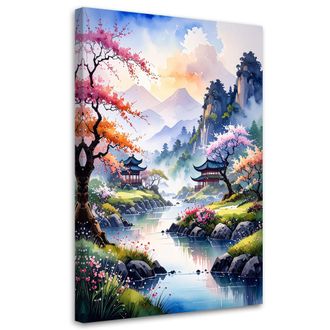 Feeby Cuadro Sobre Lienzo Pagoda Japonesa Paisaje En Tonos Pastel 70x100