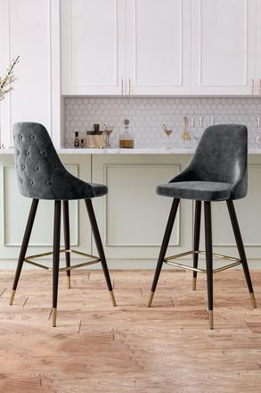 Living and Home 2Pcs Set Grey Velvet Button Tufted Back Bar Stools High Chairs for Counter