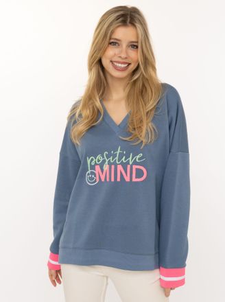 Zwillingsherz Hoodie ZWILLINGSHERZ Positive Mind, Damen, Gr. L/XL, jeans, Sweatware, Obermaterial: 50% Baumwolle, 50% Polyester, bequem h&uuml;ftlang, V-Ausschnitt, Swea