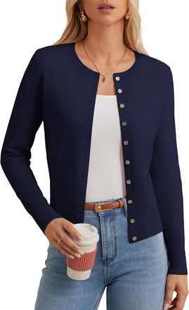 Grace Karin Womens Cardigans Crew Neck Long Sleeves Open Front Sweater Slim Fit Solid Color Button Up Black Bolero Navy Blue L