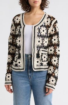 Forgotten Grace Circle Floral Open Knit Cardigan in Black/Natural at Nordstrom Rack, Size X-Large