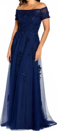Cameron Blake Short Sleeve Evening Gown In Navy