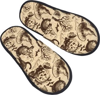 Generic Fuzzy Slippers Vintage Halloween Cat Black Bat Soft Cotton Slippers Warm Cotton Slipper For Room Hotel Women M