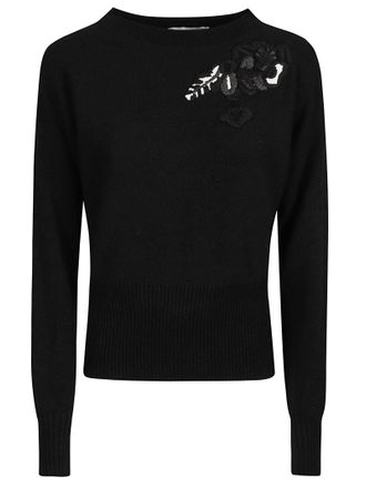 Ermanno Scervino Fitted Round Neck Sweater with Floral Applique Detail