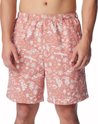Columbia Mens Super Pfg Backcast Water Short In Printed Leaf And Fish Pink