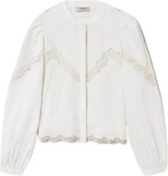 Twinset Katoenen chiffon geborduurde blouse - Dames - Overhemden - Wit - M - Katoen - Overhemden