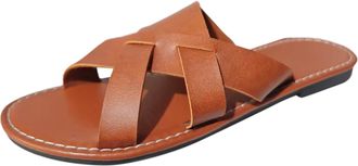 Generic Ladies Summer Casual Retro Colour Blocking Beach Non Slip Outdoor Wear Large Size Soft Leather Flat Sandals Slippers (Brown, 6.5)