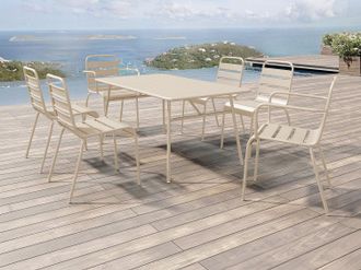 Vente-Unique Sala da pranzo da giardino 1 tavolo L.160 2 sedie braccioli 4 sedie impil. Metallo Beige - MIRMANDE di MYLIA