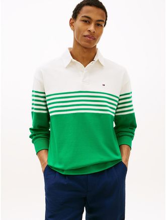 Tommy Hilfiger Mens Relaxed Fit Long-Sleeve Colorblock Polo - Green - XXXL