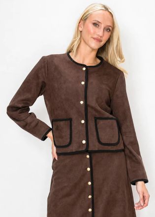 YAL New York Brown Suede Cardigan Jacket with Black Trim