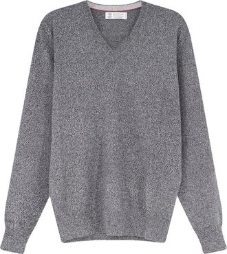 Brunello Cucinelli V-hals Trui van Puur Kasjmier met Geribbelde Boorden - Heren - Truien - Grijs - Maat: M Kasjmier