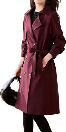 Generic Womens Trench Coat with Belt Street Casual Double Breasted Long Trench Jacket Spring and Fall Lapel Windproof Work Office Jacket Business Coat Burgund