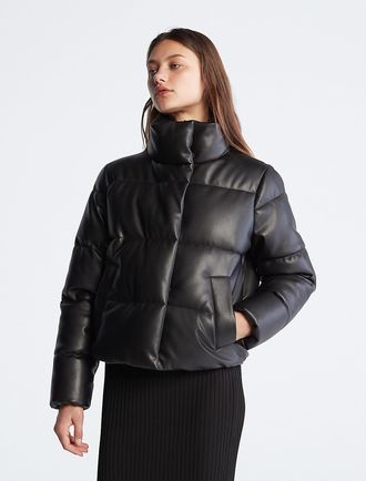 Calvin Klein Womens Faux Leather Puffer Jacket - Black - XXL