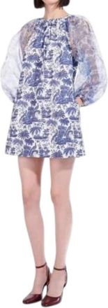 Staud Garden Balloon Sleeve Dress In China Blue Toile