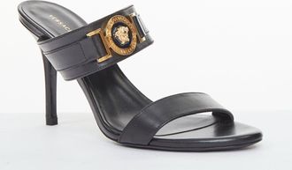 Versace gold buckle black leather sandals