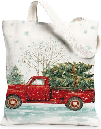 Generic Winter Vintage Truck Canvas Tote Bags, Holiday Tree Pattern Reusable Grocery Bags, Lightweight Washable Shoulder Strap Canv, White, 13x15 Inch