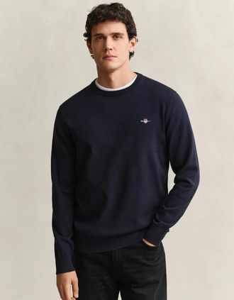 GANT Mens GANT Mens Classic Cotton Shield Logo Crew Neck Jumper - 433 Evening Blue - Navy - Size: 40