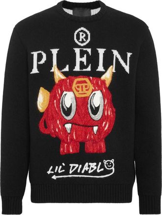 Philipp Plein Merino Wool Pullover Round Neck LS - Heren - Ronde hals truien - Zwart - 3XL - Wol - Truien & Vesten