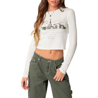 Edikted Phillipa Paris Long Sleeve Crop Graphic T-Shirt in White at Nordstrom, Size Small