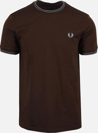 Fred Perry Mens Fred Perry FRED PERRY TWIN TIPPED T-SHIRT BROWN TOBACCO/GREY - Size: 42