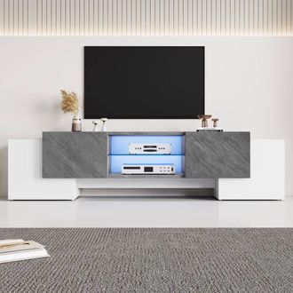 Merax Modern LED TV Stand for TVs with 4 Doors & Adjustable Glass Shelves in White