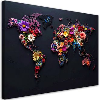 Feeby Cuadro Sobre Lienzo Mapa Del Mundo Con Flores De Colores 100x70