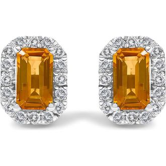 House of Brilliance 10K Gold 5x3mm Emerald-Cut Gemstone and 1/7 Cttw Diamond Halo Octagonal Stud Earrings in Orange Citrine | White at Nordstrom