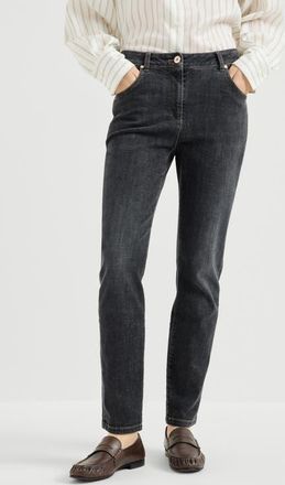 Brunello Cucinelli Stretch denim slim five-pocket trousers with shiny leather tab in Dark Grey at Nordstrom, Size 48