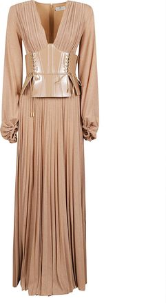 Elisabetta Franchi Pleated Long Dress With Glossy Corset Belt
