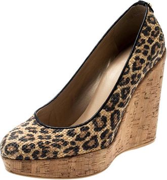 Stuart Weitzman Beige/black Leopard Print Raffia Platform Wedge Pumps