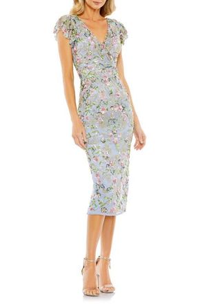 Mac Duggal Floral Embellished Flutter Cap Sleeve Dress in Slate Blue Multi at Nordstrom, Size 4