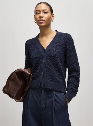 Contemporaine Womens Waves and pompons textured Cardigan Sweater