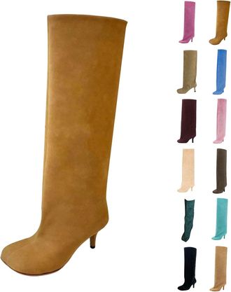 Generic Suede Knee High Boots for Women Wide Calf Square Toe Stiletto Heels Tall Boots Ladies Fall Winter Slouchy Pull On High Heel Dress Long Booties for Par