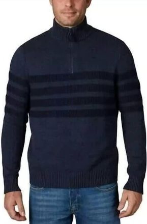 Elie Tahari Quarter Zip Stretch Pullover Striped Mock Neck Sweater In Indigo Heather