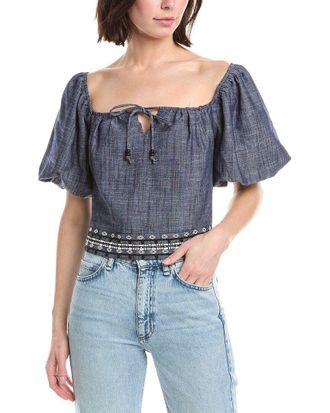 NVLT Nvlt Embroidered Balloon Sleeve Linen-Blend Top