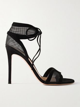 Gianvito Rossi Sandali In Tulle Con Finiture In Camoscio Falene 110 - Nero